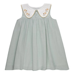 THE LiTTLE POETS - Josefa Organic Cotton Embroidered Peter Pan Neck Dress | Almond green