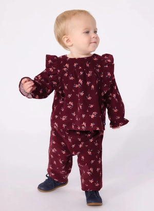 Petit Bateau - Organik Pamuklu Kadife Çiçek Desenli Pantolon | Bordo