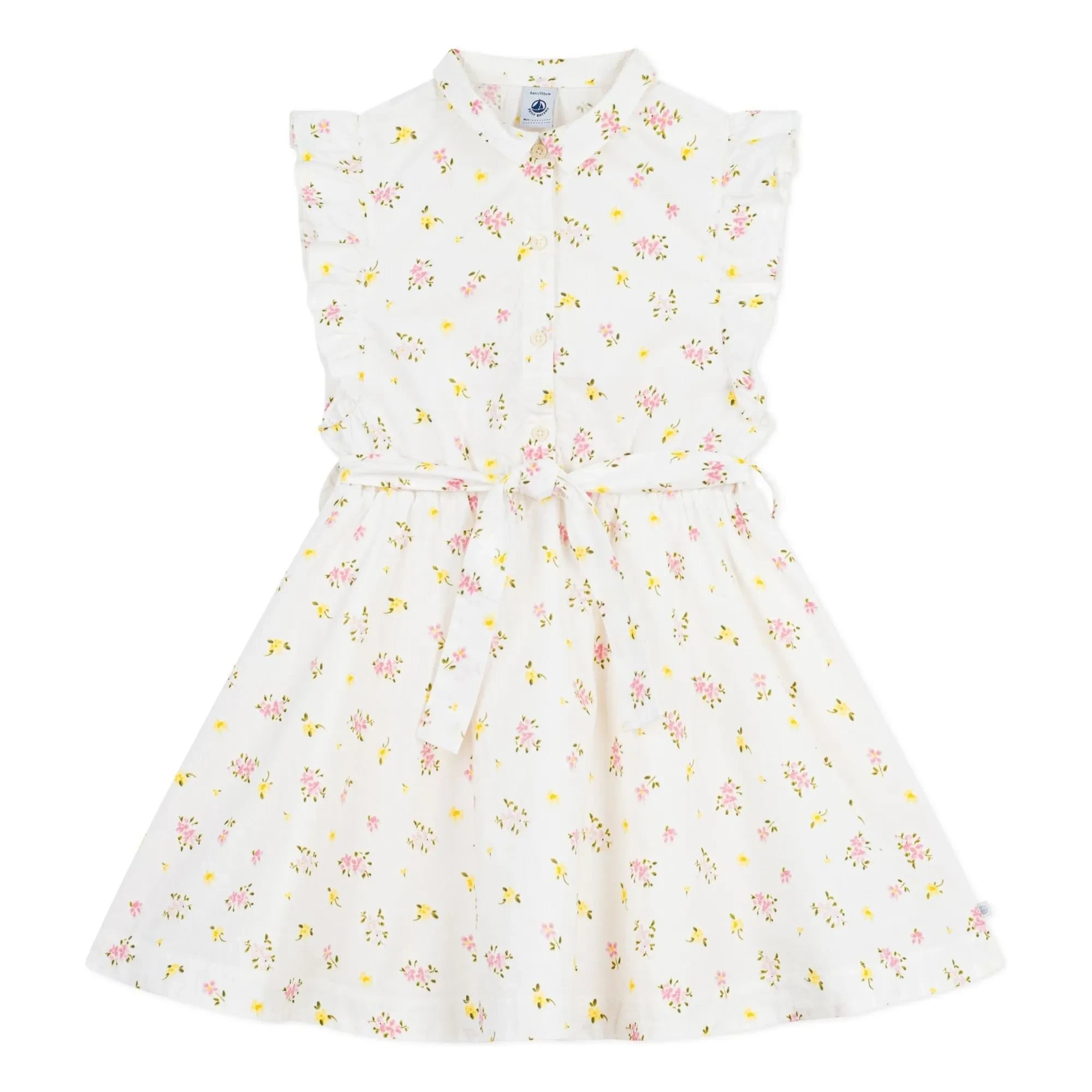 Petit Bateau - Kolsuz Çiçek Desenli Organik Pamuk Elbise | Beyaz