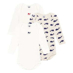 Petit Bateau - Pack of 3 Long Sleeve Whale Pattern Organic Cotton Bodysuits | White