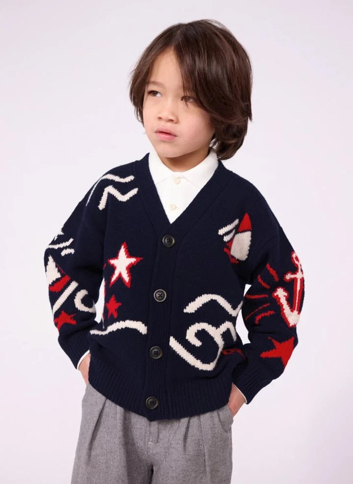 Petit Bateau - كارديجان صوف بياقة V وقصة واسعة باللون الكحلي