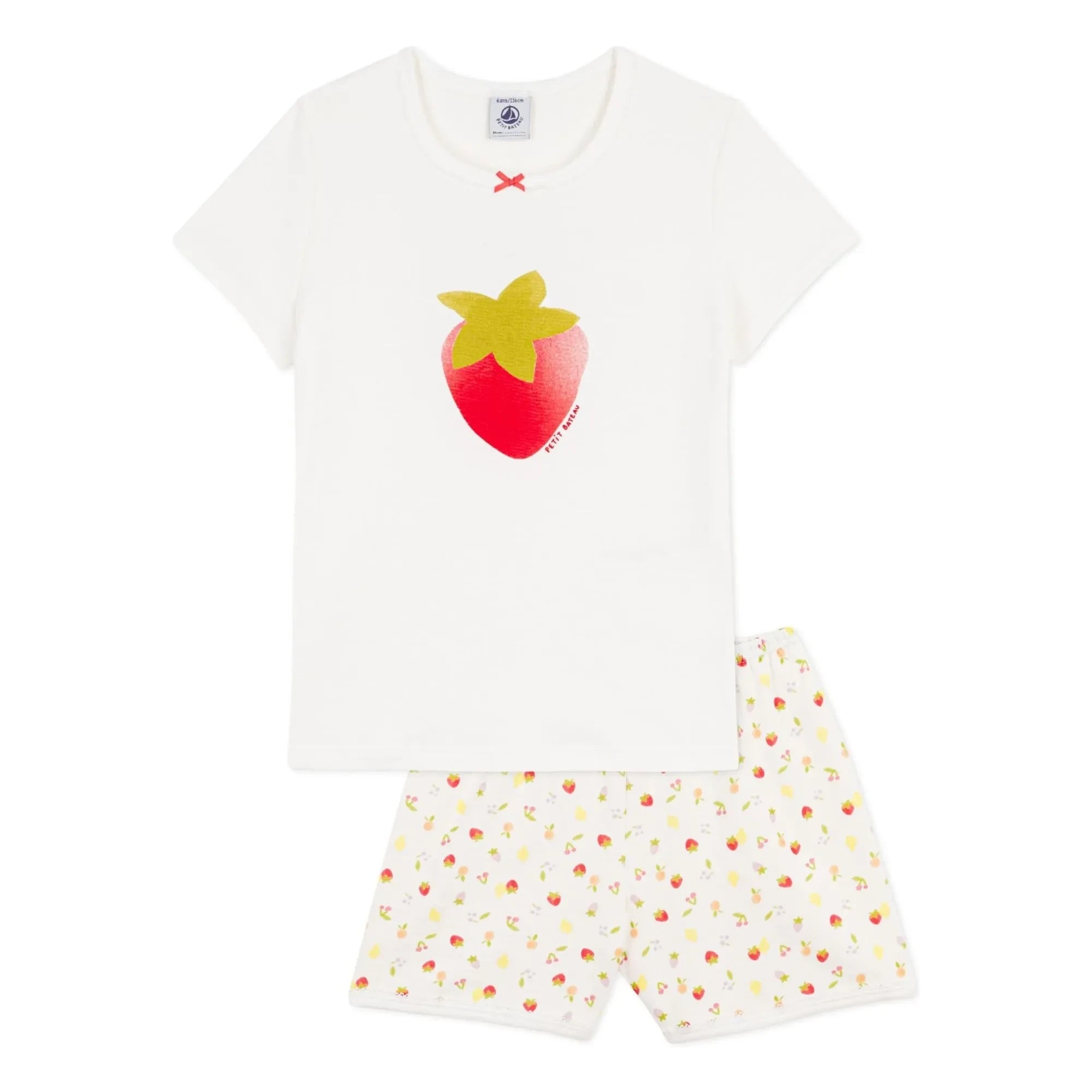 Petit Bateau - Çilek Desenli Organik Pamuklu Kısa Pijama | Ekru