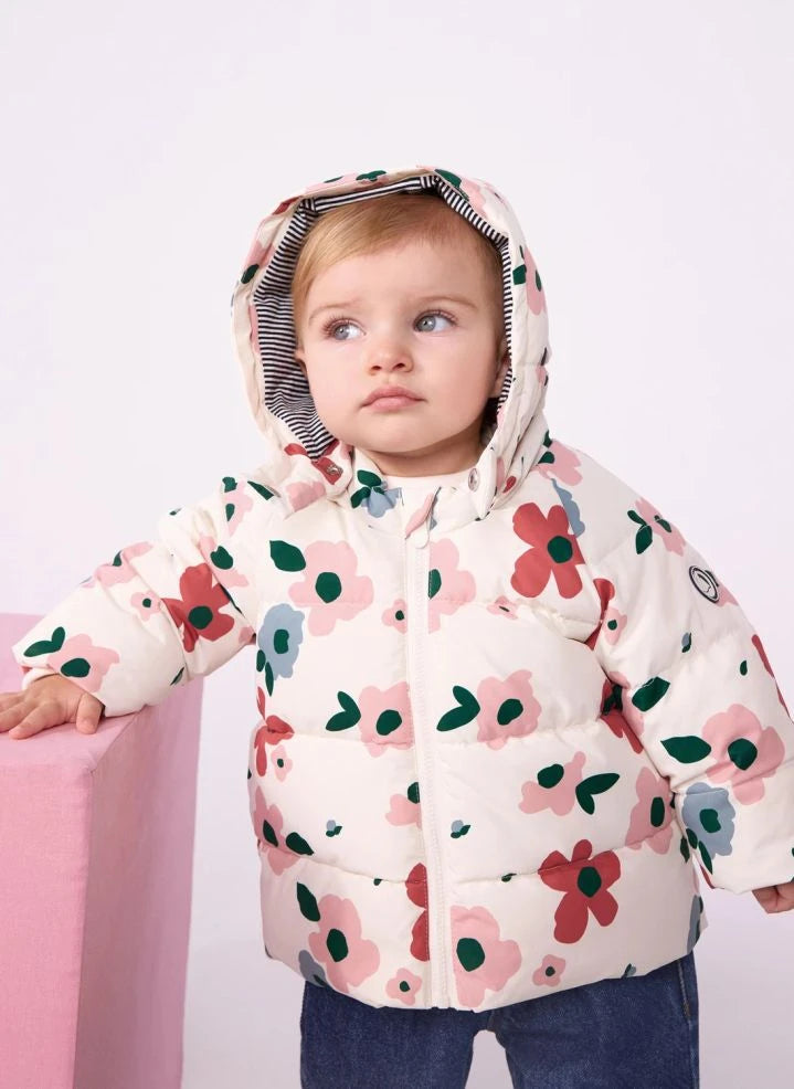Petit Bateau - سترة مبطنة منفوخة بنقشة أزهار للأطفال | Ecru
