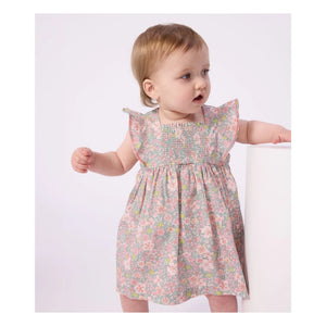 Petit Bateau - Organik pamuklu çiçek desenli elbise ve bloomer seti | Gri mavi