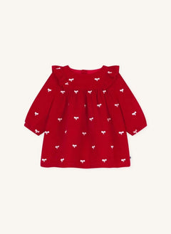 Petit Bateau - Kırmızı Organik Pamuk Korduroy Fiyonklu Elbise