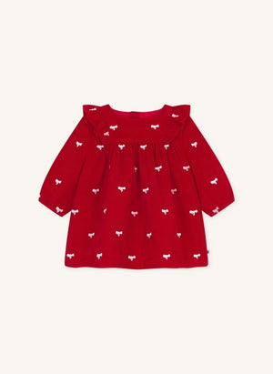 Petit Bateau - Kırmızı Organik Pamuk Korduroy Fiyonklu Elbise