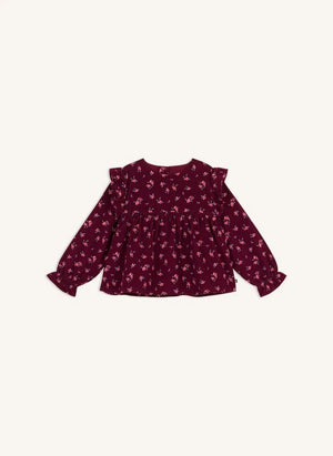 Petit Bateau - Fırfırlı Çiçek Desenli Kadife Organik Pamuk Bluz | Bordo