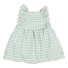 Búho - Gingham Fırfırlı Seersucker Organik Pamuk Romper Elbise | Aqua