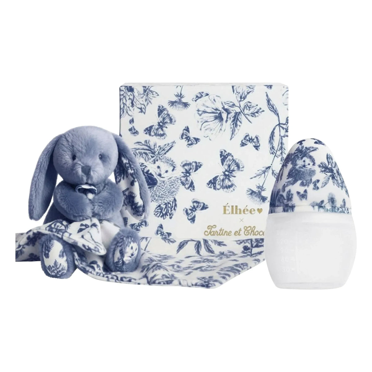 Elhée - Augustin le lapin Toile de Jouy tıbbi silikon bebek biberonu ve uyku arkadaşı seti - Elhée x Tartine et Chocolat | Lacivert