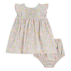 Petit Bateau - Organik pamuklu çiçek desenli elbise ve bloomer seti | Gri mavi