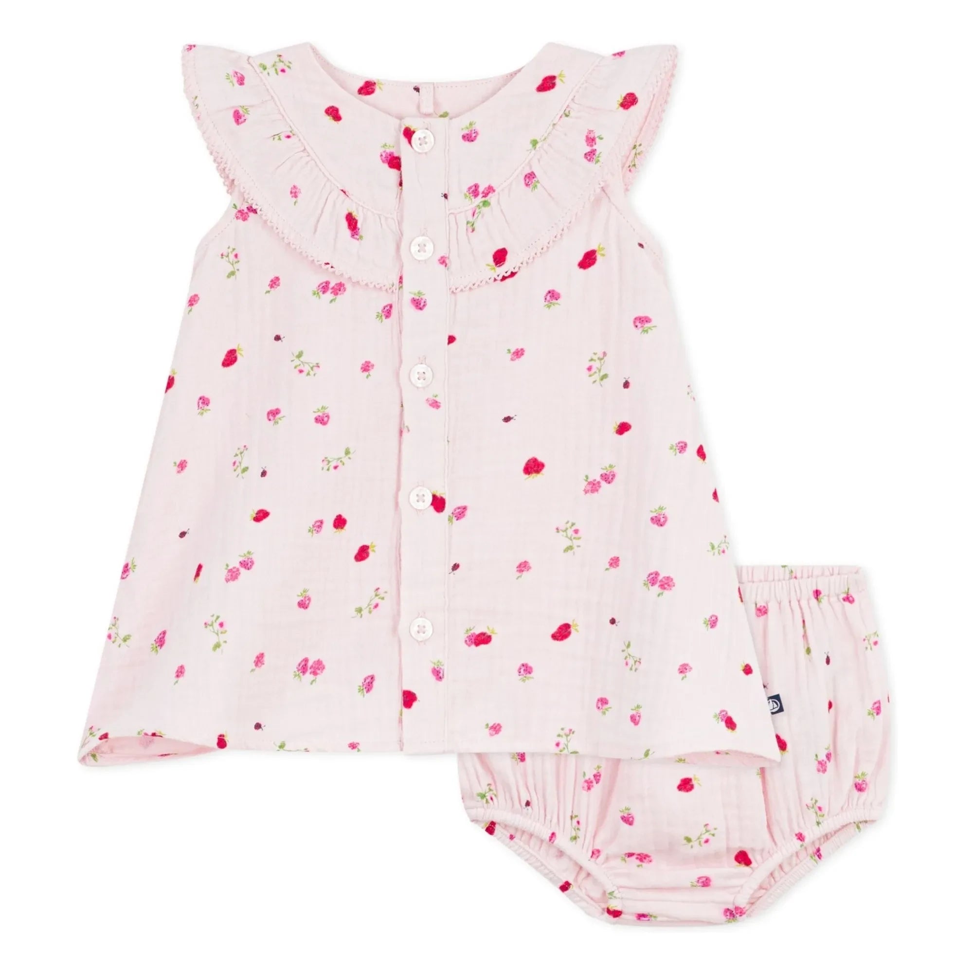 Petit Bateau - Organik pamuklu gazlı çiçekli elbise ve bloomer seti | Pembe