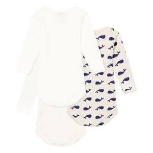 Petit Bateau - Pack of 3 Long Sleeve Whale Pattern Organic Cotton Bodysuits | White