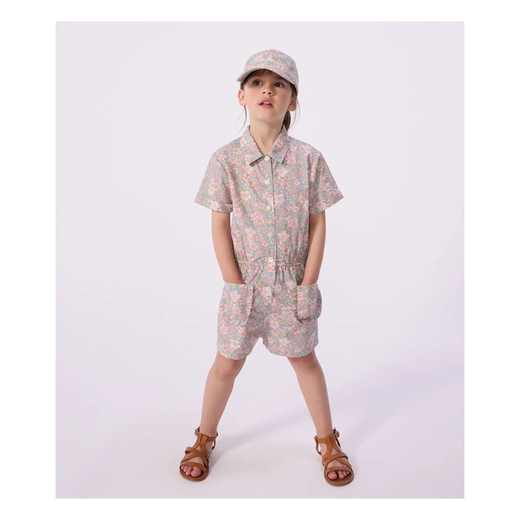 Petit Bateau - Organik Pamuk Poplin Çiçekli Tulum | Gri mavi