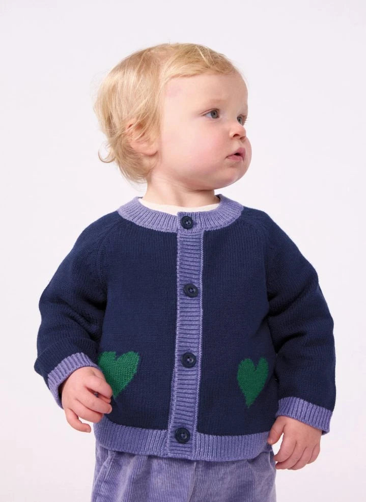 Petit Bateau - كارديغان صوفي للأطفال باللون أزرق منتصف الليل بنقش قلوب