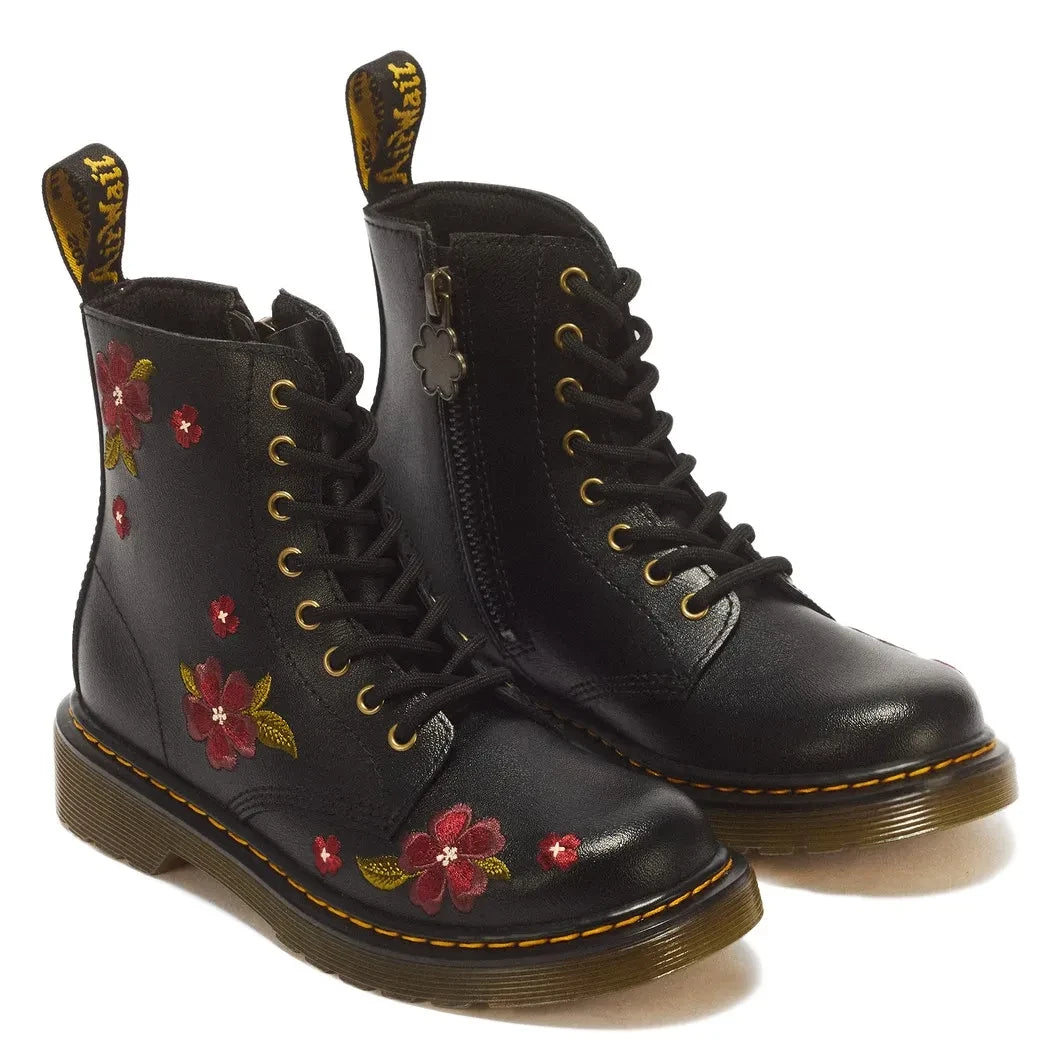 Dr Martens - 1460 J بوتات مزخرفة بالزهور بأربطة | أسود