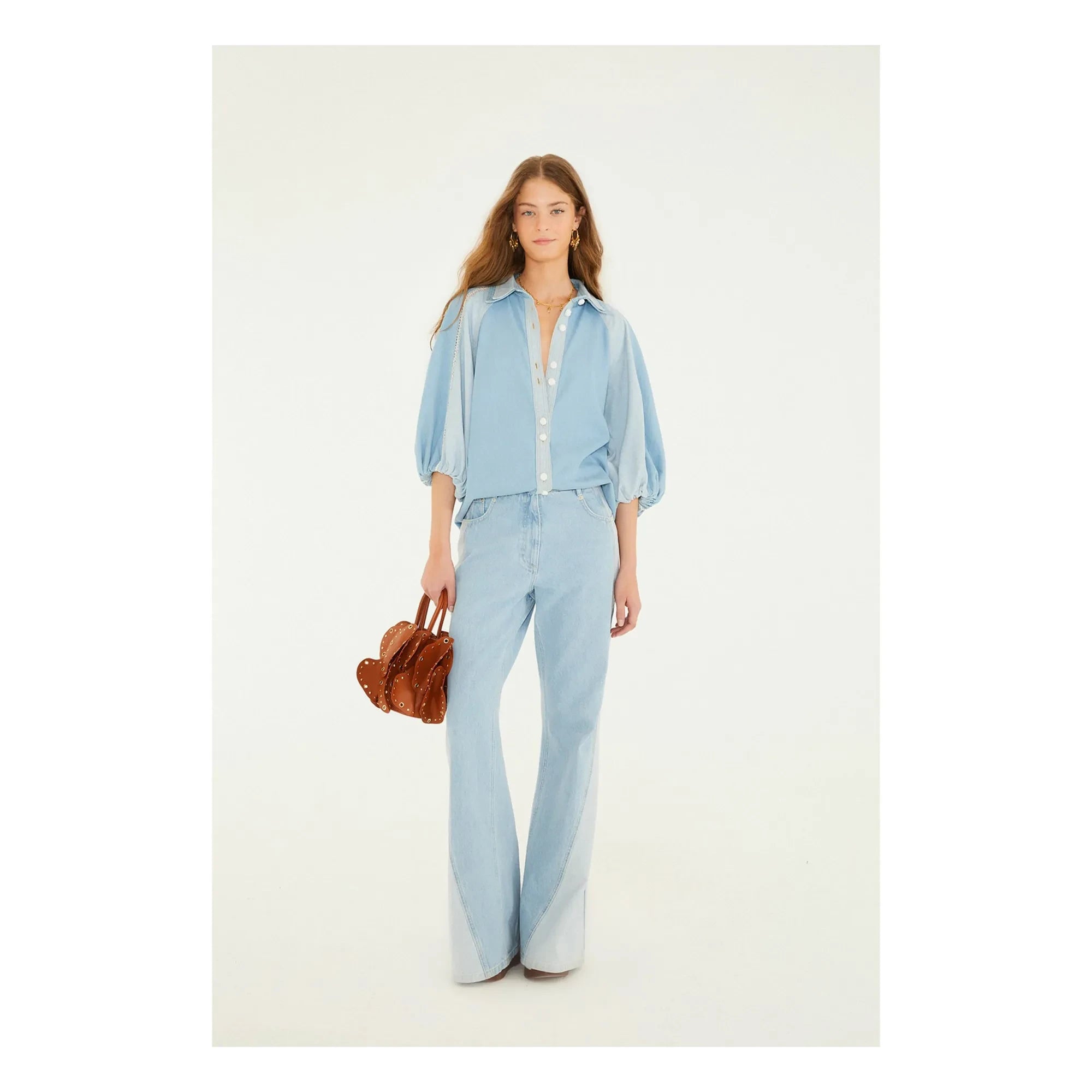 Farm Rio - İki Renkli Denim Bluz | Mavi