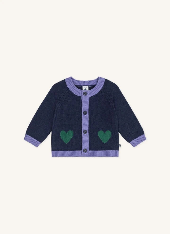 Petit Bateau - كارديغان صوفي للأطفال باللون أزرق منتصف الليل بنقش قلوب