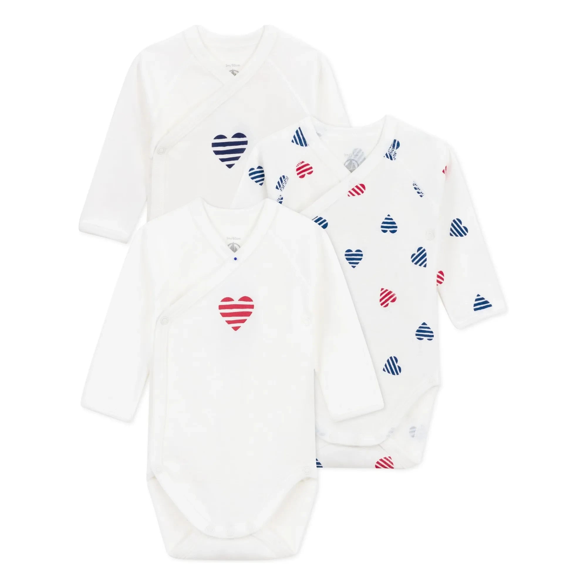 Petit Bateau - 3'lü Çizgili Kalp Organik Pamuk Bebek Body Seti | Ecru