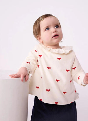 Petit Bateau - Organik Pamuklu Kadife Düğümlü Bluz | Ekru