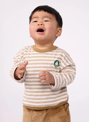 Petit Bateau - Çizgili Rozetli Organik Pamuk Bebek Tişörtü | Bej