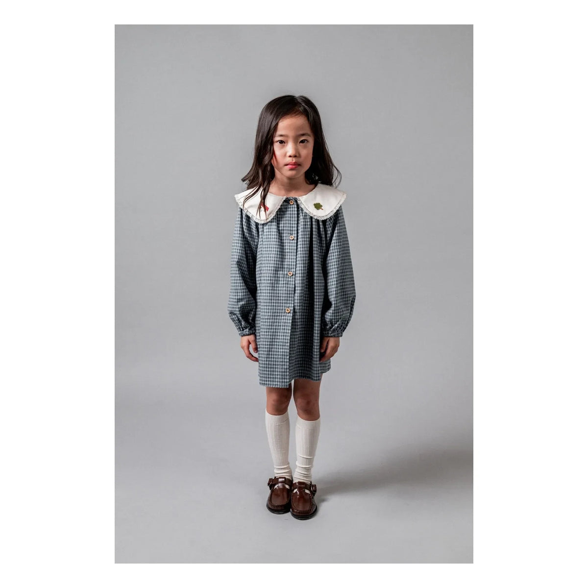 birinit - Vestido Claudine con Bordado de Cuadros Algodón Orgánico | Azul índigo