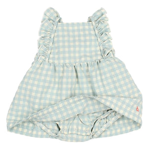 Búho - Gingham Fırfırlı Seersucker Organik Pamuk Romper Elbise | Aqua