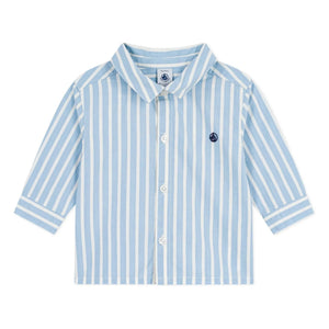 Petit Bateau - Organik Pamuk Poplin Logolu Çizgili Gömlek | Mavi