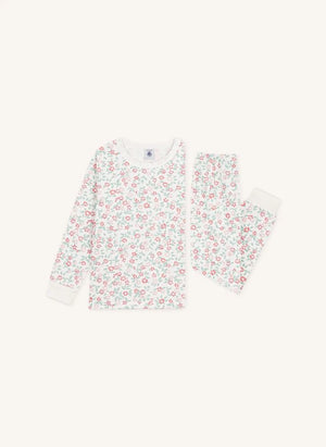 Petit Bateau - Organik pamuklu polar çiçek desenli pijama | Beyaz