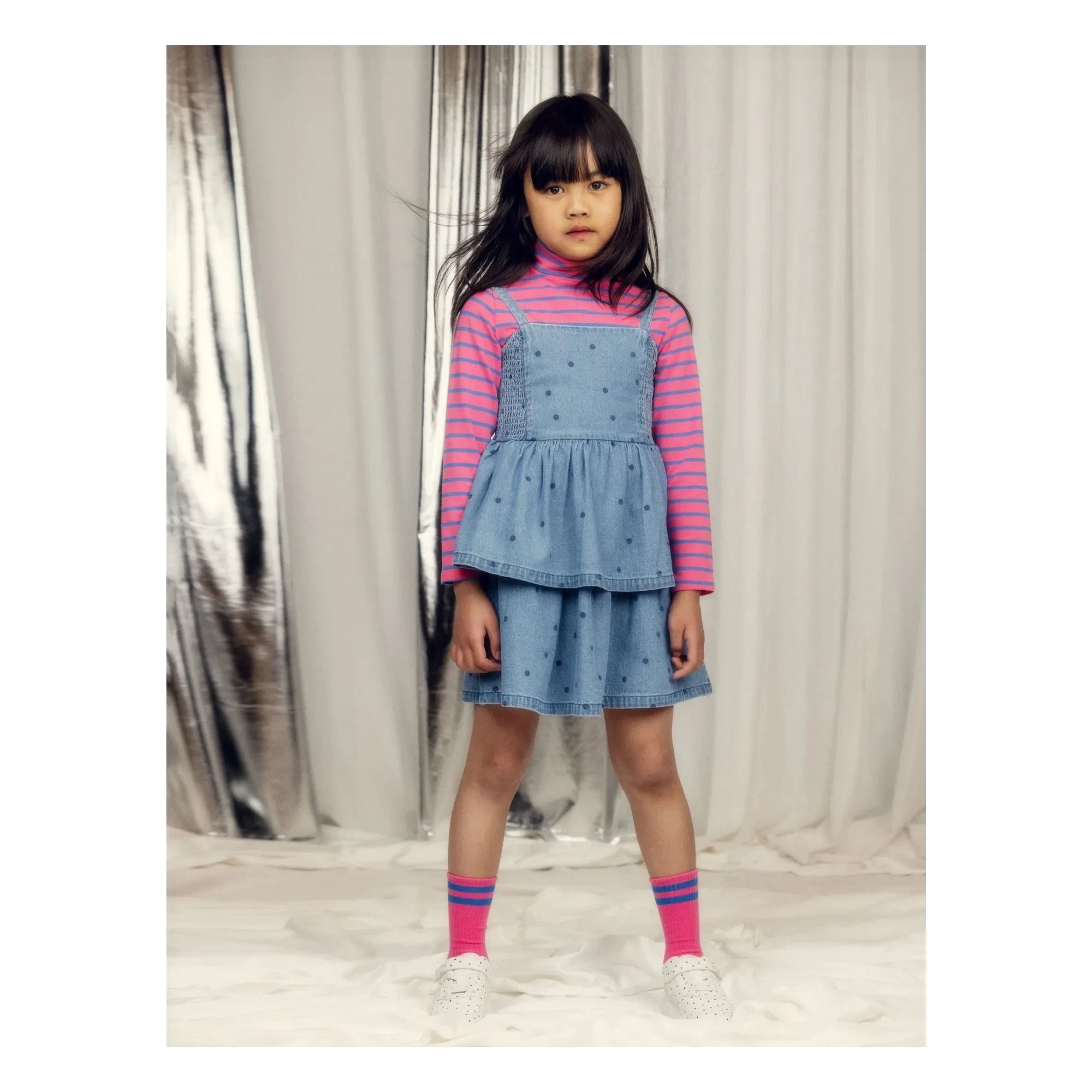 Mini Rodini - Organik Pamuklu Puantiyeli Denim Elbise | Mavi