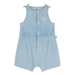 Petit Bateau - Blauer Chambray Strampler mit Bändern