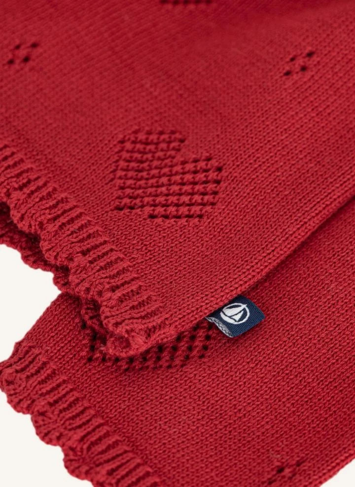Petit Bateau - كارديجان مخرم بنقشة القلوب من القطن العضوي | أحمر