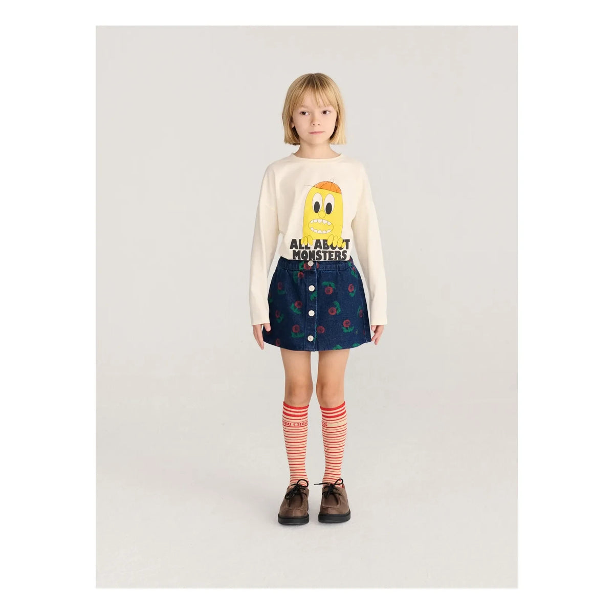 Bobo Choses - Organik Pamuk Denim Çiçek Desenli Etek | Lacivert