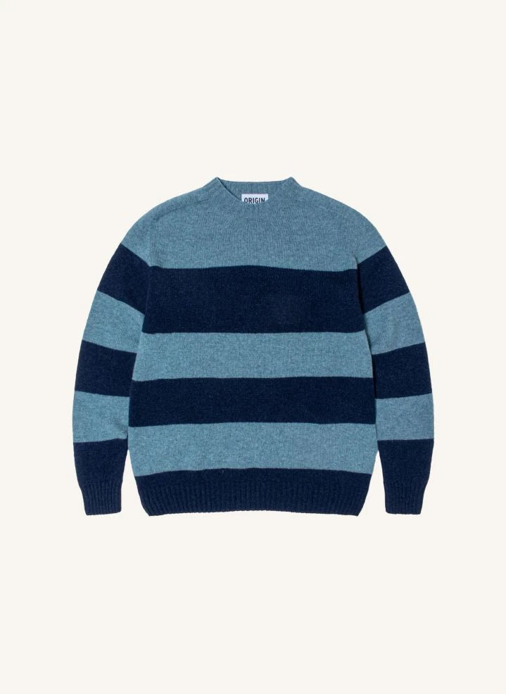 Origin Knitwear - Çizgili Yün Dikişsiz Kazak | Mavi