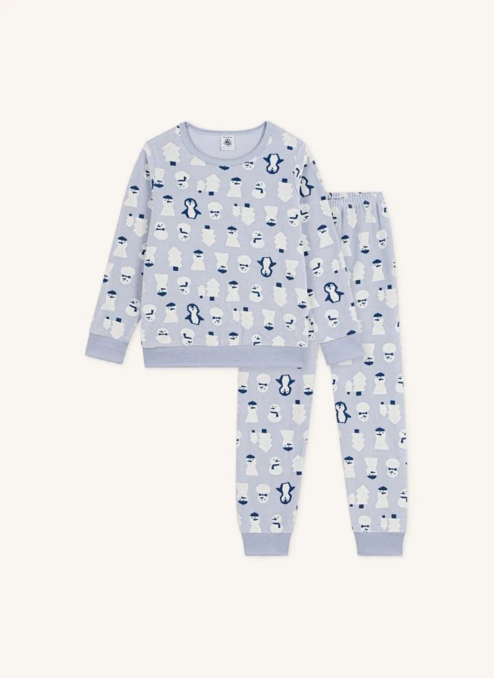 Petit Bateau - मखमली ऑर्गेनिक कॉटन स्नोमैन पजामा | ग्रे नीला