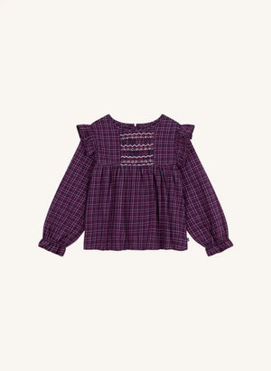 Petit Bateau - Organik pamuklu volanlı ekose bluz | Lacivert