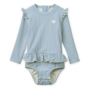 Liewood - Long Sleeve Swimsuit with Stripes and Wrinkled Texture Made from Recycled Fibers | Blue