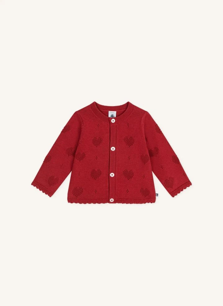 Petit Bateau - كارديجان مخرم بنقشة القلوب من القطن العضوي | أحمر
