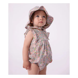 Petit Bateau - Organik pamuk poplin çiçekli tulum | Gri mavi