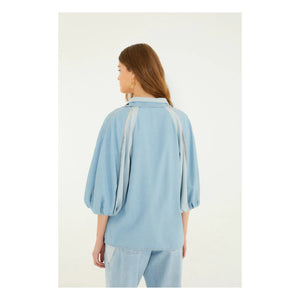 Farm Rio - İki Renkli Denim Bluz | Mavi