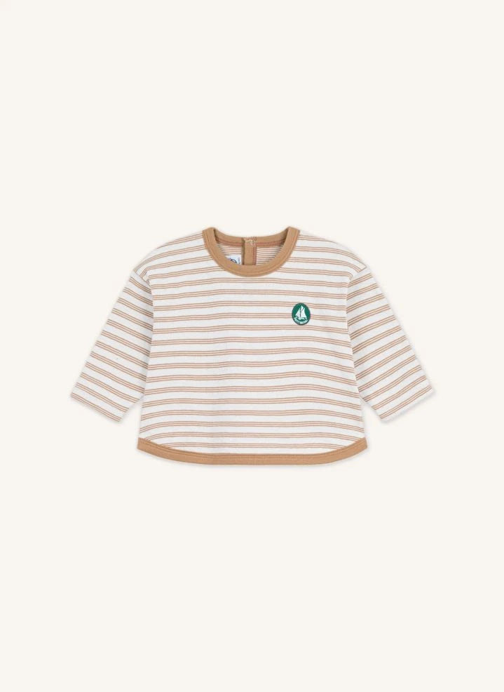 Petit Bateau - تيشيرت طفل من القطن العضوي مخطط مع شارة | بيج