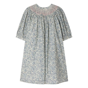 Bonpoint - Ladwiga Fleurie Organik Pamuklu Büzgülü Elbise | Prusya Mavisi