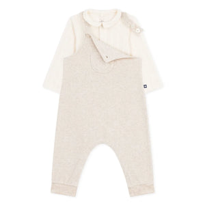 Petit Bateau - Conjunto de body de terciopelo de algodón orgánico y peto | Beige