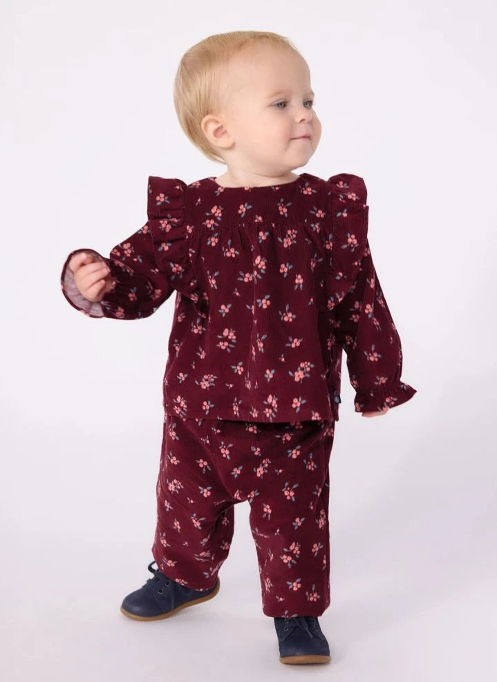 Petit Bateau - Organik Pamuklu Kadife Çiçek Desenli Pantolon | Bordo