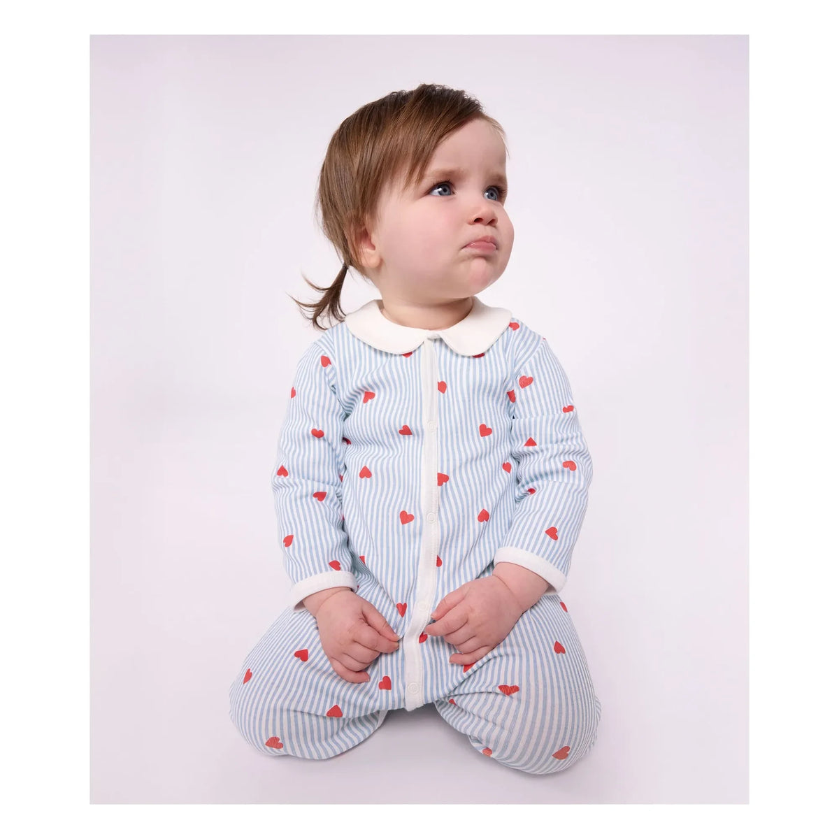Petit Bateau - Çizgili Pijama Kalp Organik Pamuk | Mavi