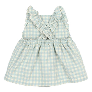 Búho - Gingham Fırfırlı Seersucker Organik Pamuk Romper Elbise | Aqua