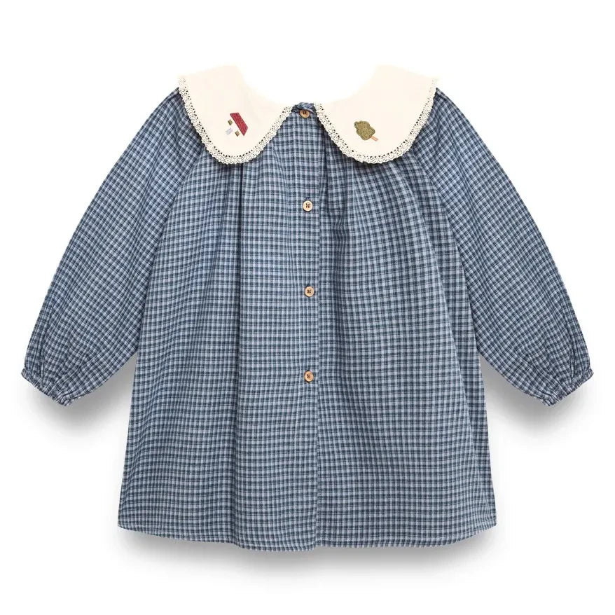 birinit - Kareli Nakışlı Claudine Yakalı Elbise Organik Pamuk | İndigo mavi