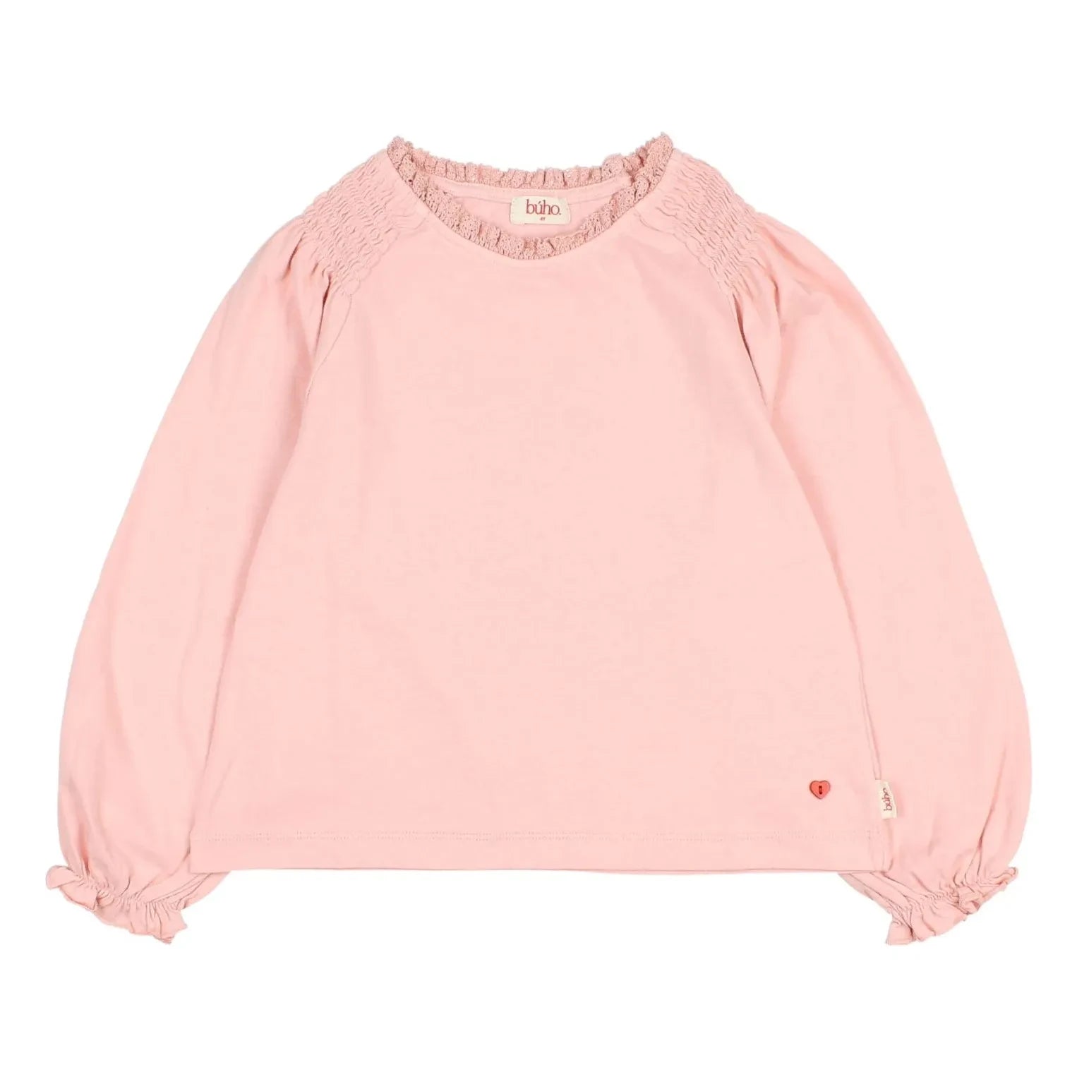 Búho - Kız Çocukları Organik Pamuklu Büzgülü Tişört | Soft Pink