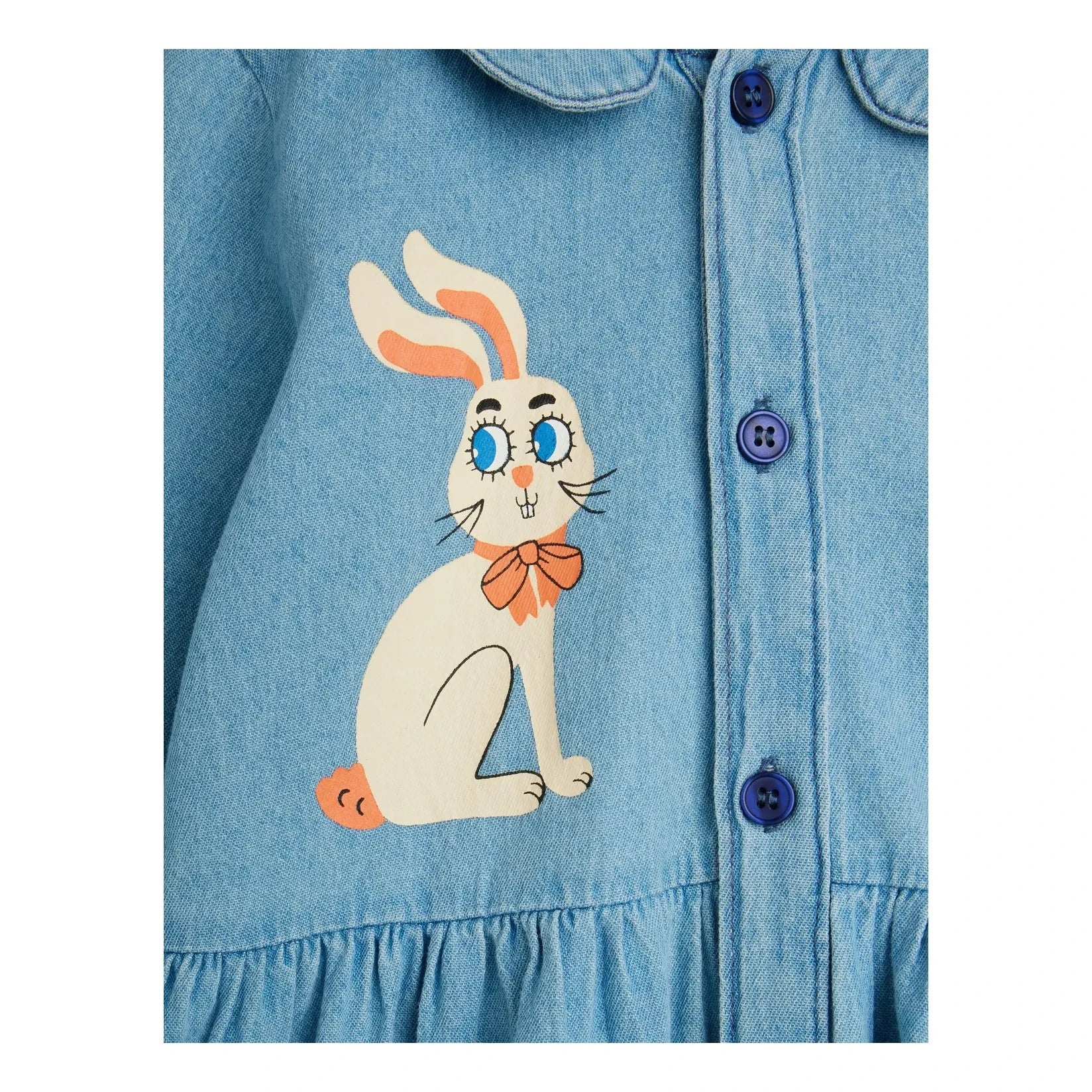 Mini Rodini - Vestido denim de algodón orgánico con estampado de conejo | Azul