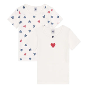 Petit Bateau - Set de 2 camisetas de algodón orgánico con rayas y corazón | Blanco