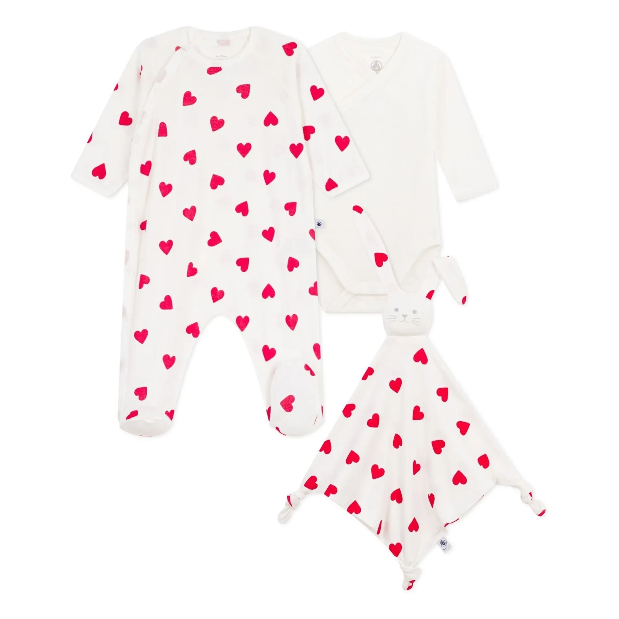 Petit Bateau - 3 Parça Pijama Tulum ve Sevimli Kalpler Hediye Seti | Beyaz